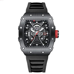 CURREN New Rectangular Luminous Watch Men Sports Casual Silicone Bracelet Semi Hollow Auto Date Dail Wristwatch 8438 - BLACK
