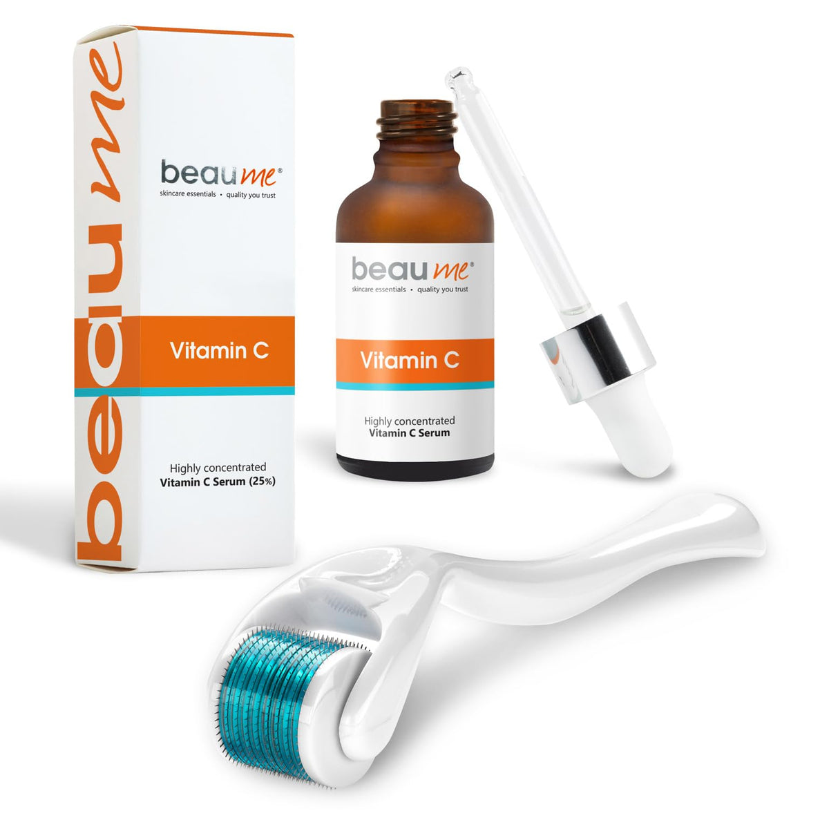 BEAUME® Set: Dermaroller with 540 needles • the Original • certified in Germany (0,50mm) & BEAUME® Vitamin C Serum 25% with Hyaluronic Acid, Ferulic Acid, Vitamin E and Aloe Vera 30ml