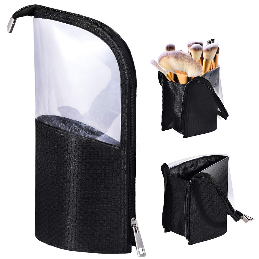 ROYBENS Travel Make-up Brush Cup Holder Organizer Bag, Pencil Pen Case for Desk, Clear Plastic Cosmetic Zipper Pouch, Portable Waterproof Dust-Free Stand-Up Small Toiletry Stationery Bag with. (Black)