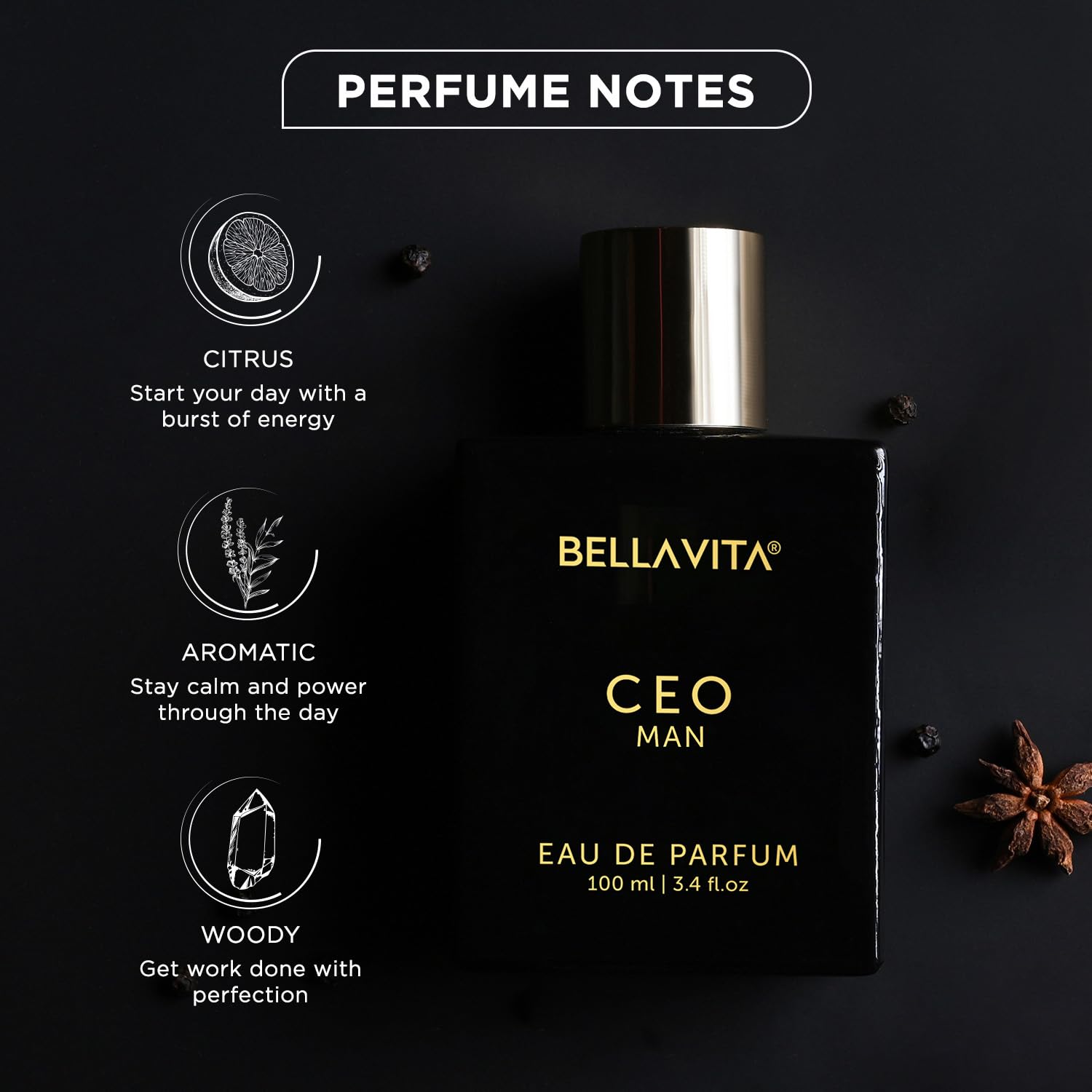 Bella Vita Luxury Perfume for men - CEO Man Eau De Parfum Perfume with Lemon, Lavender, Tonka, Mandarin & Vetiver|Premium, Long Lasting Woody Fragrance for Men, 100 ML