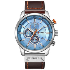 CURREN Mens Water Resistant Sport Chronograph Watches Military Multifunction Leather Quartz Wrist Watches (Silver Blue), silver blue, Chronograph,Quartz Movement