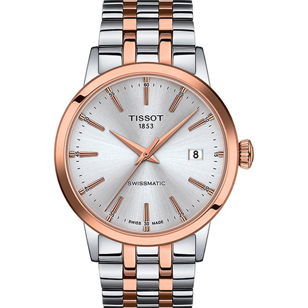 Tissot mens Classic Dream Stainless Steel Dress Watch Silver/Rose Gold T1294072203100