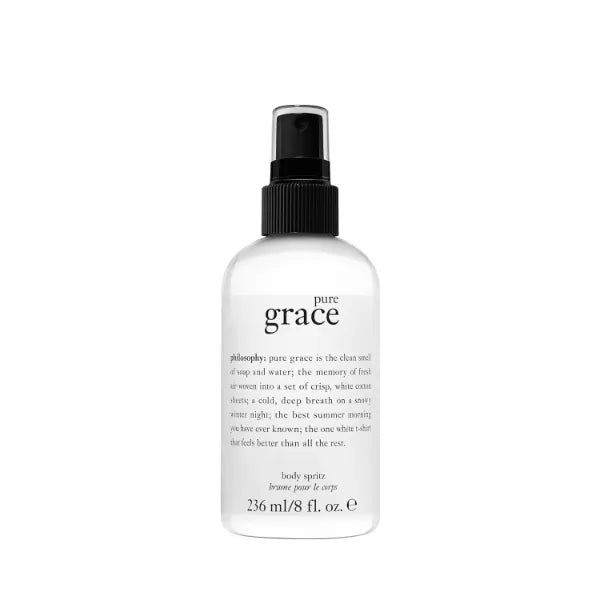 philosophy pure grace body spray - crisp & clean women's scent with notes of water lily, leafy greens & musk, luxury body spritz for women, long lasting fragrance - 8 fl oz.