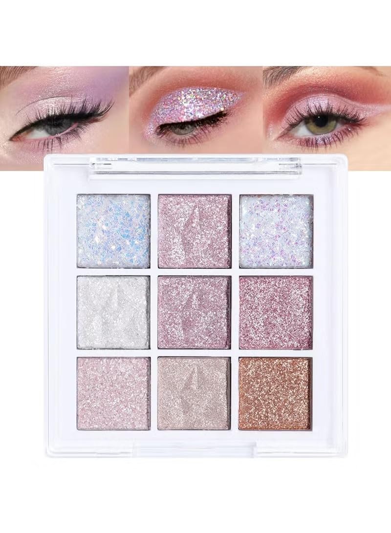 ORiTi 9 colors Pink Glitter Eye Shadow Palette Makeup,White Pink Purple Glitter Shimmer Sparkle Warm Pastel Eyeshadow Palette Colorful,Highly Pigmented Long Lasting Waterproof Naturing-Looking