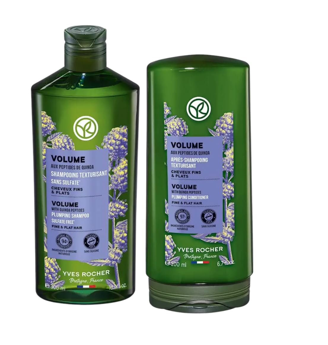 Yves Rocher Volume Plumping Shampoo and Conditioner Set of 2 with Quinoa Extract Visibly Increases Hair Volume After Just 3 Uses - 300 ml /10.1 and 200 ml /6.7 fl.oz