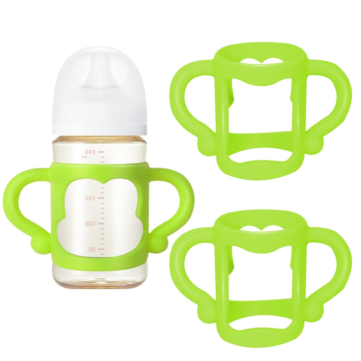 Tazweeq Silicone Baby Bottles Handle, 2pcs Wide Neck Bottle Grip Universal Fit Baby Bottle Holder with Easy Grip Handles to Hold Their Own Bottle for Baby Self Feeding
