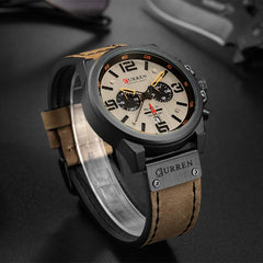 CURREN Brown Chronograph Fashion Trend Multi-Function Waterproof Quartz Watch Leather Strap Military Watch (Brown)
