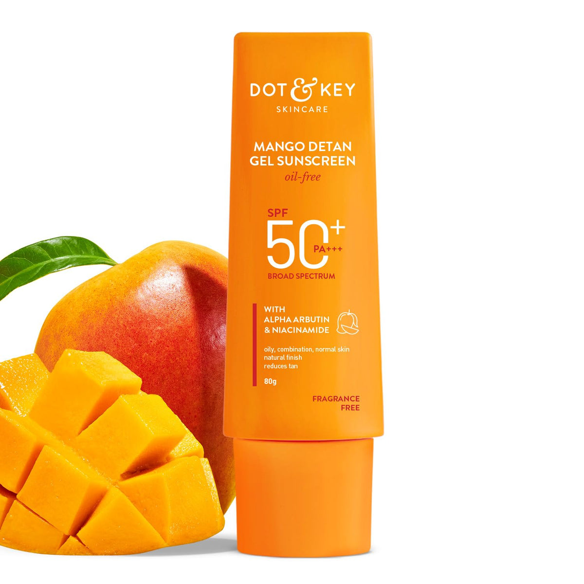 Dot & Key Mango Detan Gel Sunscreen SPF 50+ PA+++ 80g Oil-Free, With Alpha-Arbutin Niacinamide Controls Tanning, Brightens Skin Fades Dark Spots, Water Resistant All Types