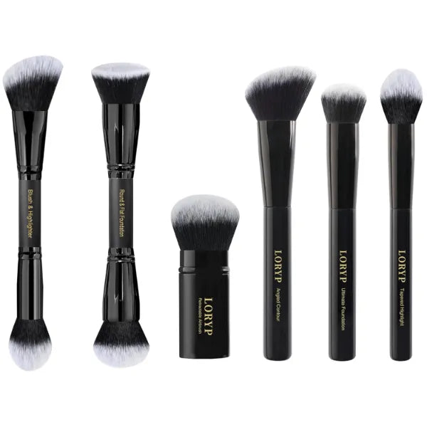 LORYP Black Makeup Brushes 2Pcs Duo End Foundation Powder Brush Set with 4 Pcs Full Face Professional Makeup Brushes Set
