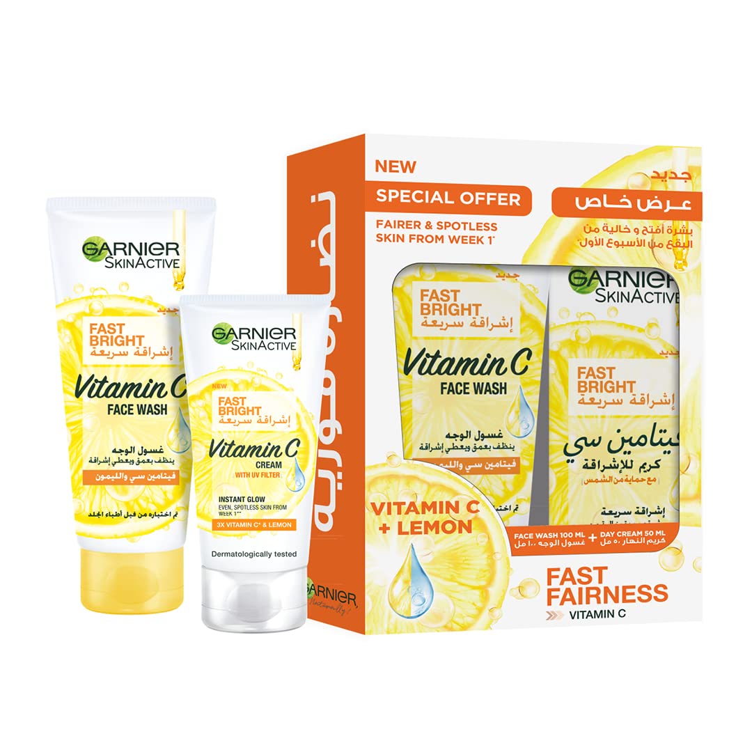 Garnier SkinActive Fast Bright Skincare Routine - Face Wash 100ml and Day Cream 50ml
