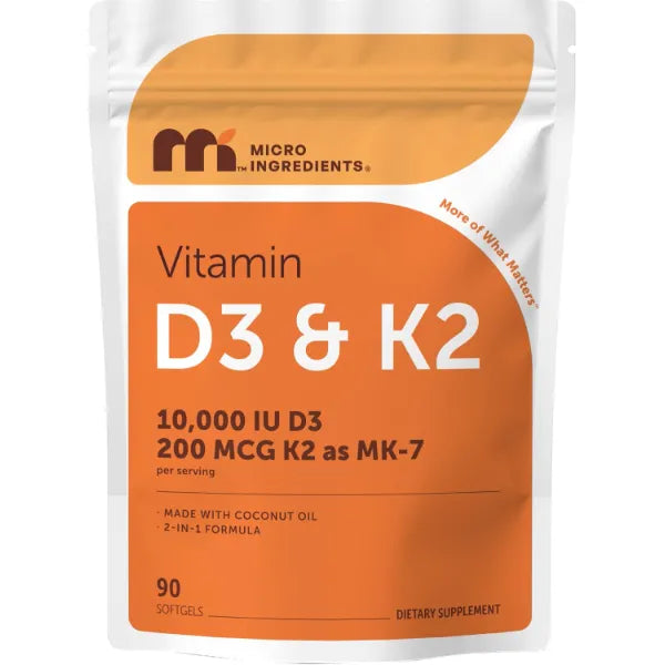 Micro Ingredients Vitamin D3 10,000 IU + K2 MK-7 200 mcg Per Serving, 90 Softgels | Extra Strength* 2-in-1 D3 K2 Supplement | Easy-to-Swallow Softgels Made with Coconut Oil | Non-GMO, Gluten Free