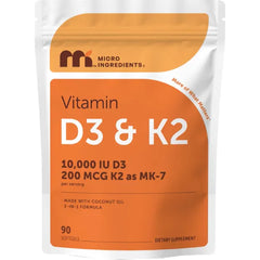 Micro Ingredients Vitamin D3 10,000 IU + K2 MK-7 200 mcg Per Serving, 90 Softgels | Extra Strength* 2-in-1 D3 K2 Supplement | Easy-to-Swallow Softgels Made with Coconut Oil | Non-GMO, Gluten Free