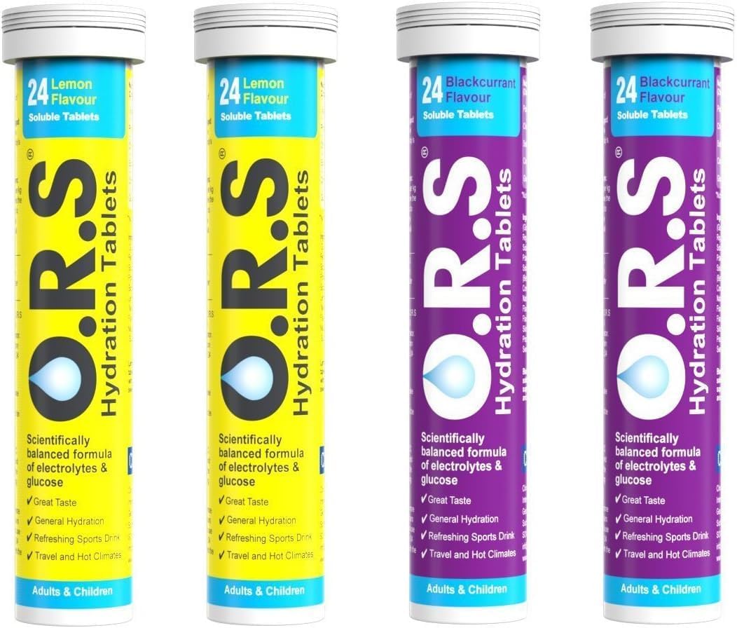 O.R.S Hydration Tablets - 2 x 24 Tablet Tubes of Lemon, 2 x 24 Tablet Tubes of Blackcurrant - 96 Total Tablets