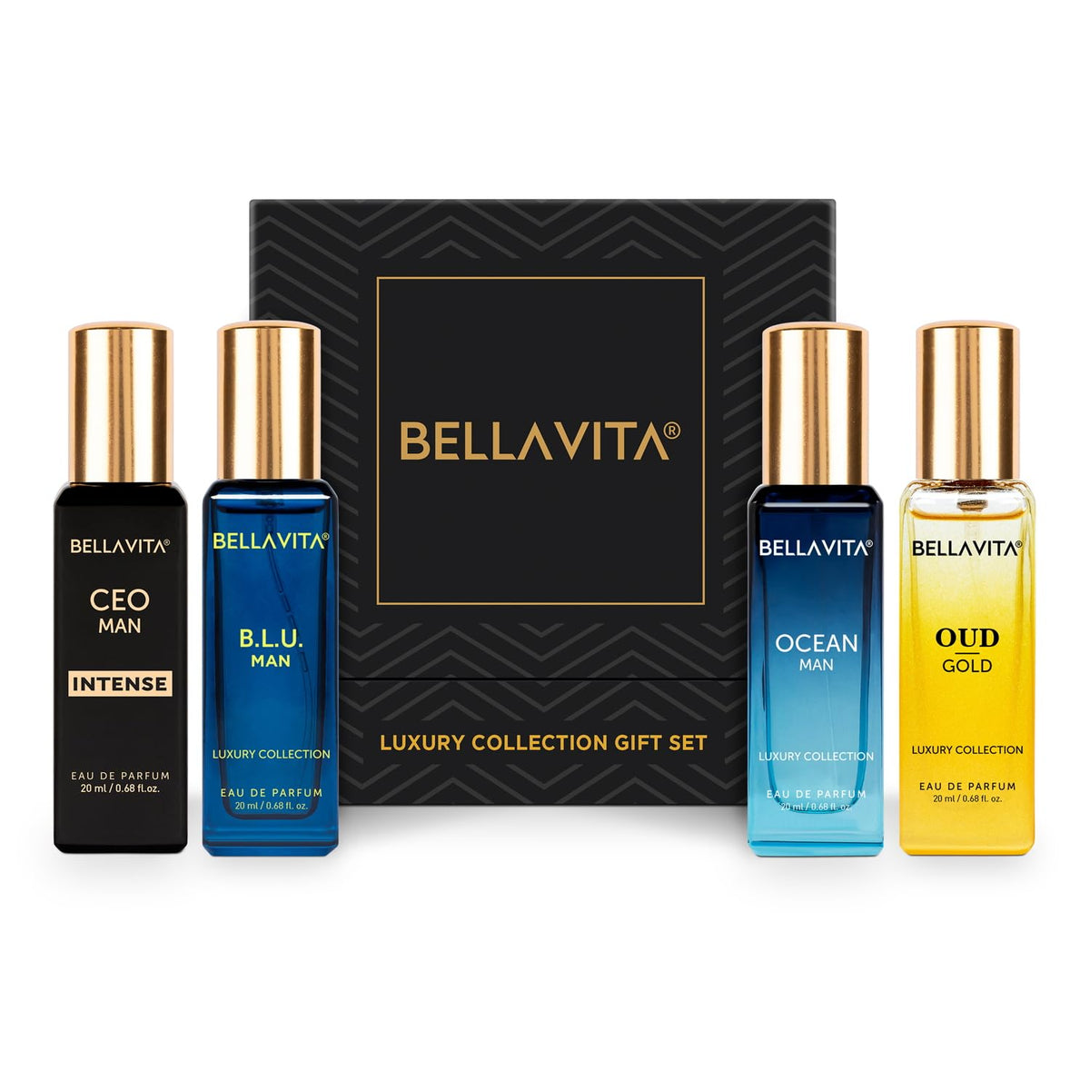 BellaVita Luxury Eau De Parfum Gift Set for Men | Includes OUD Gold, Ocean, B.L.U, & CEO Man Perfume | Long-Lasting Fragrance | Mens Perfume Set | Oud Perfume for Men | Collection Perfumes – 4 x 20ml