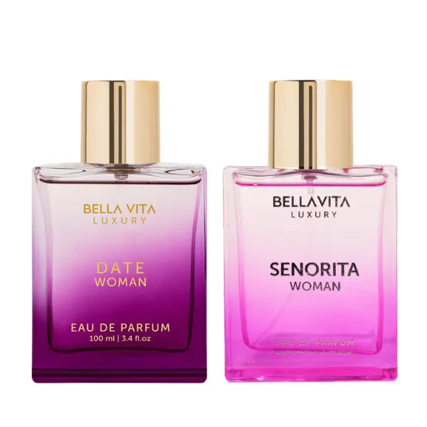 BellaVita Luxury Senorita & Date Woman Perfume for Women | Floral, Mint, Peony, Jasmine, Pink Pepper, Long Lasting, Vegan & Cruely Free - 2 x100 ML