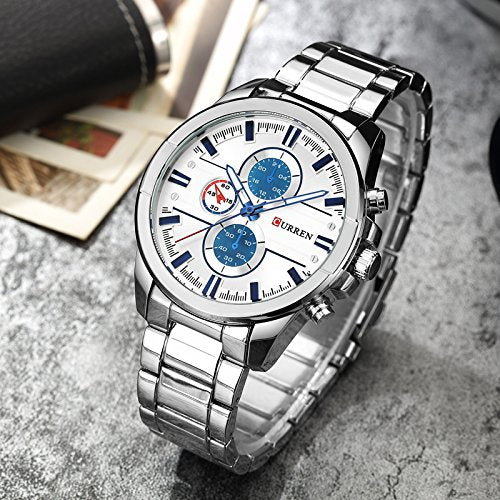 Mens Watches,CURREN Watches Quartz Analog Calendar,Wrist Watch for Men, Fashion Waterproof Stainless Steel Band, white
