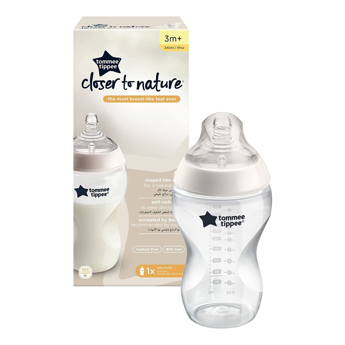 Tommee Tippee Closer to Nature Baby Bottle, Medium-Flow Breast-Like Teat with Anti-Colic Valve, 340ml, Pack of 1, Clear