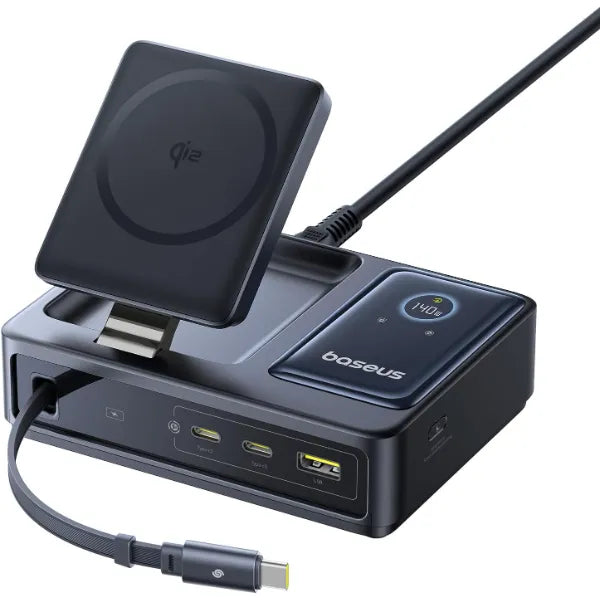 Baseus Nomos 140W 5-in-1 Charging Station, Qi2 Wireless, 100W Retractable USB-C, GaN Fast Charger, iPhone, MacBook
