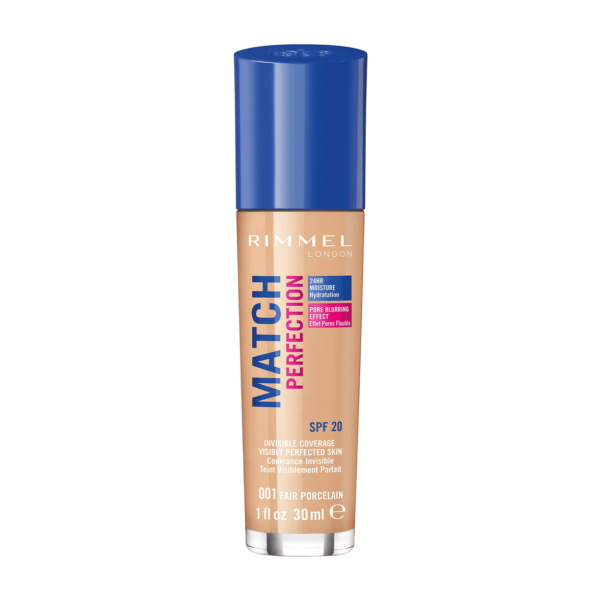 Rimmel Match Perfection Foundation 001 Fair Porcelain, Medium Coverage, 24H Hydration, No Clumping or Creasing, Lightweight, Reduces Imperfections, Invisible Coverage, SPF 20, Cruelty-Free