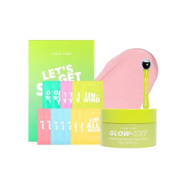 I DEW CARE Glass Skin Facial Sheet Mask Variety Pack Let's Get Sheet Faced, 14 Count + Vitamin C Eye Cream & Roller Set  Glow Key, 0.50 FL Oz Bundle