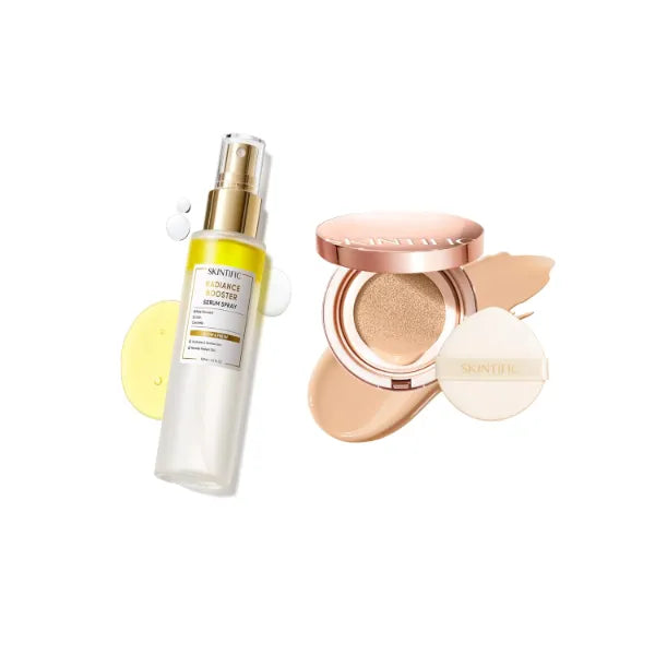 SKINTIFIC Full Coverage Cushion Foundation & Radiance Booster Setting Spray Serum Set