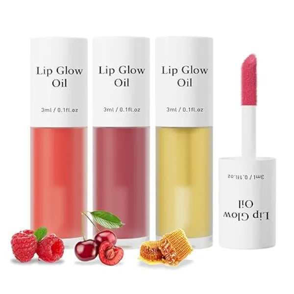 BANGFENG Hydrating Glossy Lip Tint Trio with Nourishing Fruit Oils, Non Sticky Shine, Long Lasting Moisture & Tinted Glow for Smooth Kissable Lips Raspberry, Cherry & Honey