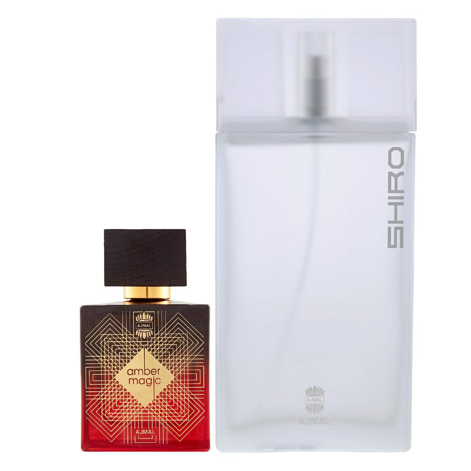 Ajmal Amber Magic EDP Spicy Aromatic Perfume 100ml for Men and Shiro EDP Citrus Spicy Perfume 90ml for Men + 2 Parfum Testers FREE