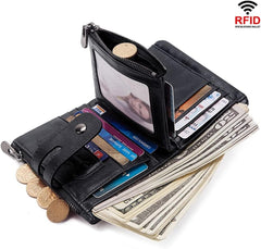 SLGOL Mens Chain Wallets with Anti-Theft Chain, Genuine Leather Purse RFID Blocking Bifold Wallet with Coin Pocket Purse (Black)
