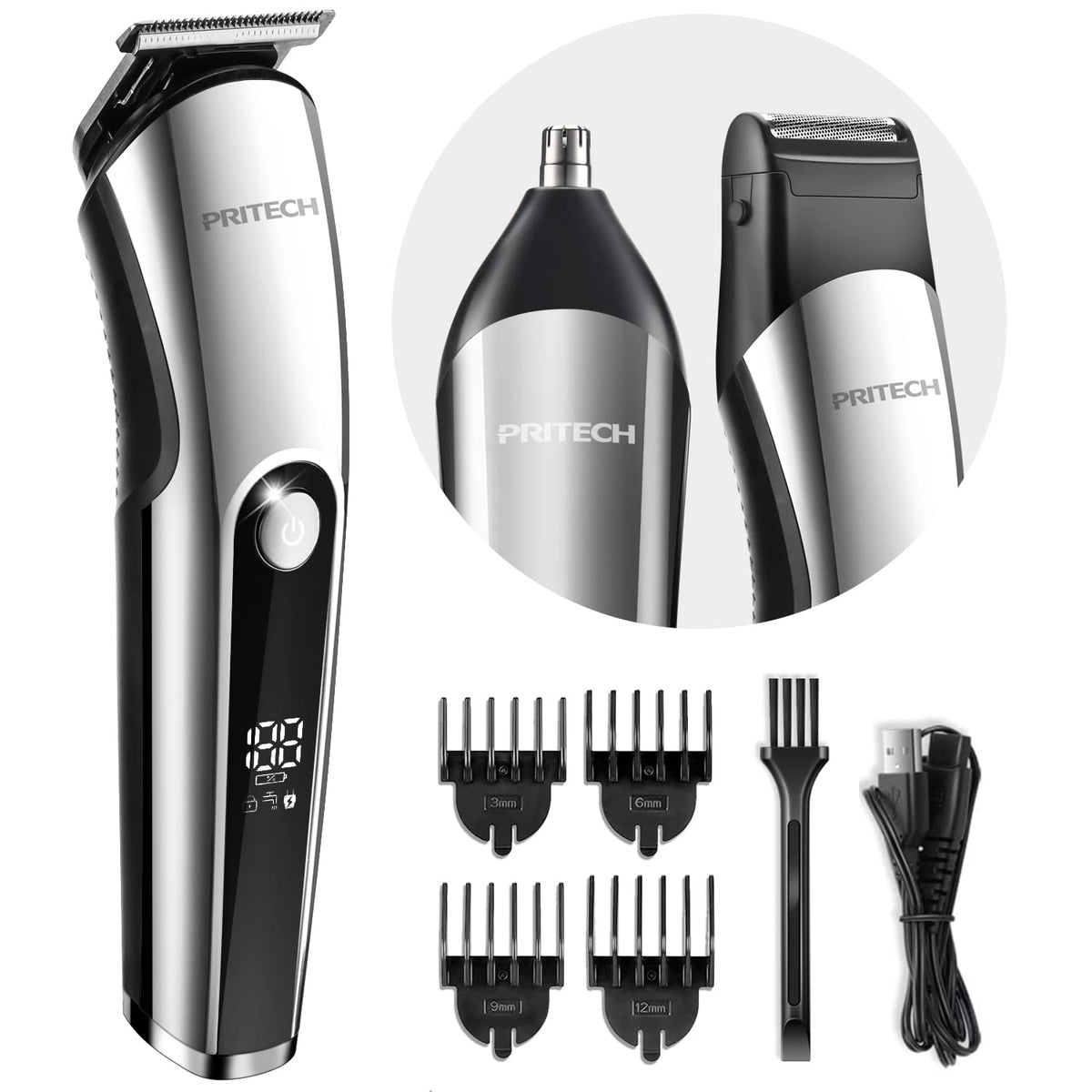 PRITECH Beard Trimmer for Men, 3 in 1 Hair Clippers for Men Kit, Nose Hair Trimmer, Micro Shaver Mens Grooming Kit Cordless Electric Hair Trimmer LED Display IPX6 (Silver)
