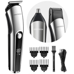PRITECH Beard Trimmer for Men, 3 in 1 Hair Clippers for Men Kit, Nose Hair Trimmer, Micro Shaver Mens Grooming Kit Cordless Electric Hair Trimmer LED Display IPX6 (Silver)