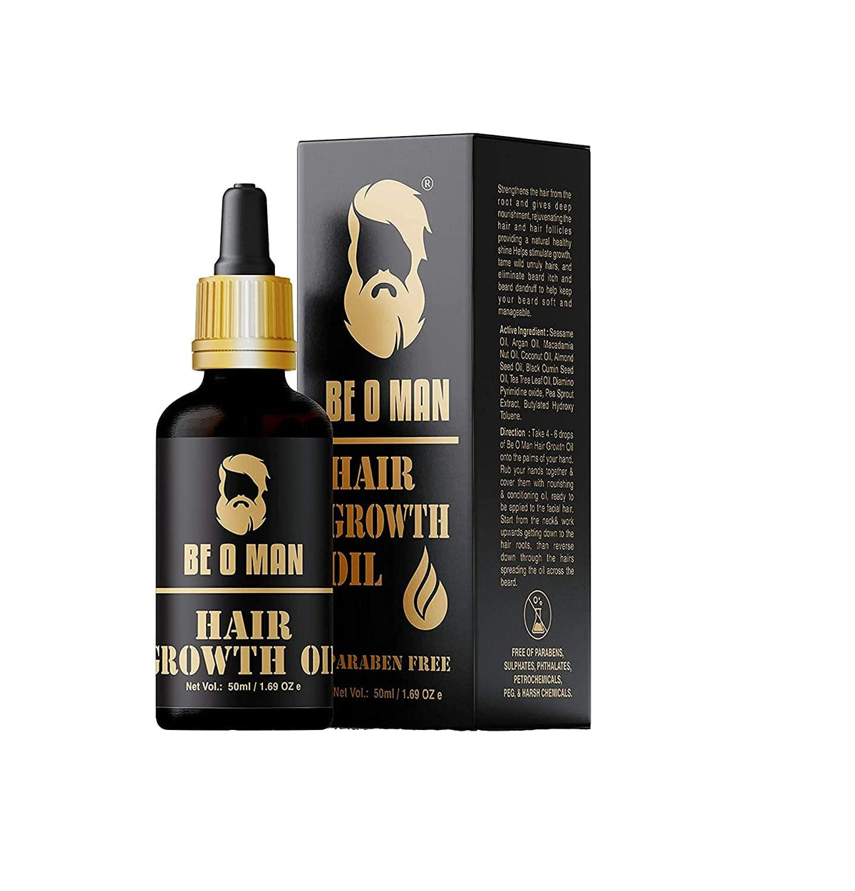 Be O Man Hair Growth Oil For Grooming Men's Beard With Sesame Oil, Coconut Argan Black Cumin And Tea Tree Managing, Moisturizing, Nourishing All Types Of & Follicles, 50Ml