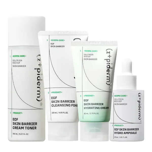 Zipiderm EGF Skin Barrier Hydrating Routine Set – Cleansing Foam + Cream Toner + Hydro Ampoule + Hydrating Gel Cream, Korean 4-Step Cleanse–Tone–Hydrate Care for Sensitive & Acne-Prone Skin