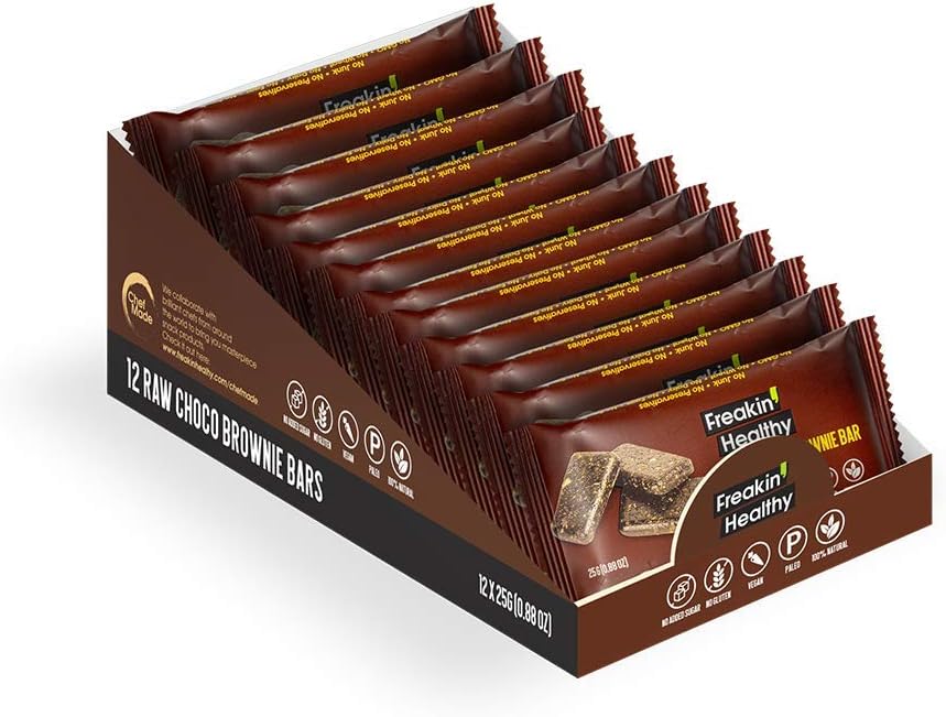 Freakin Healthy Raw Choco Brownie Bar, Dark Chocolate Coated Snack, Energy Booster, Plant Based Ingredients -300g – Pack of 12