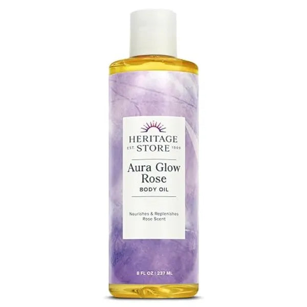 HERITAGE STORE Aura Glow Rose Body Oil, Luxurious Body Moisturizer for Dry Skin, Massage Oil, Bath and Shower Oil, Rose Scent, 8oz