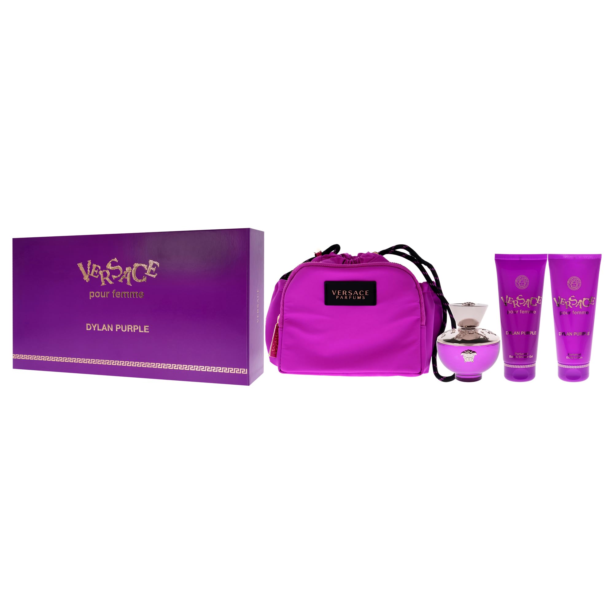 Versace Dylan Natural EDP Spray, Shower Gel, Body Lotion and Travel Bag 4-Piece Gift Set, Purple
