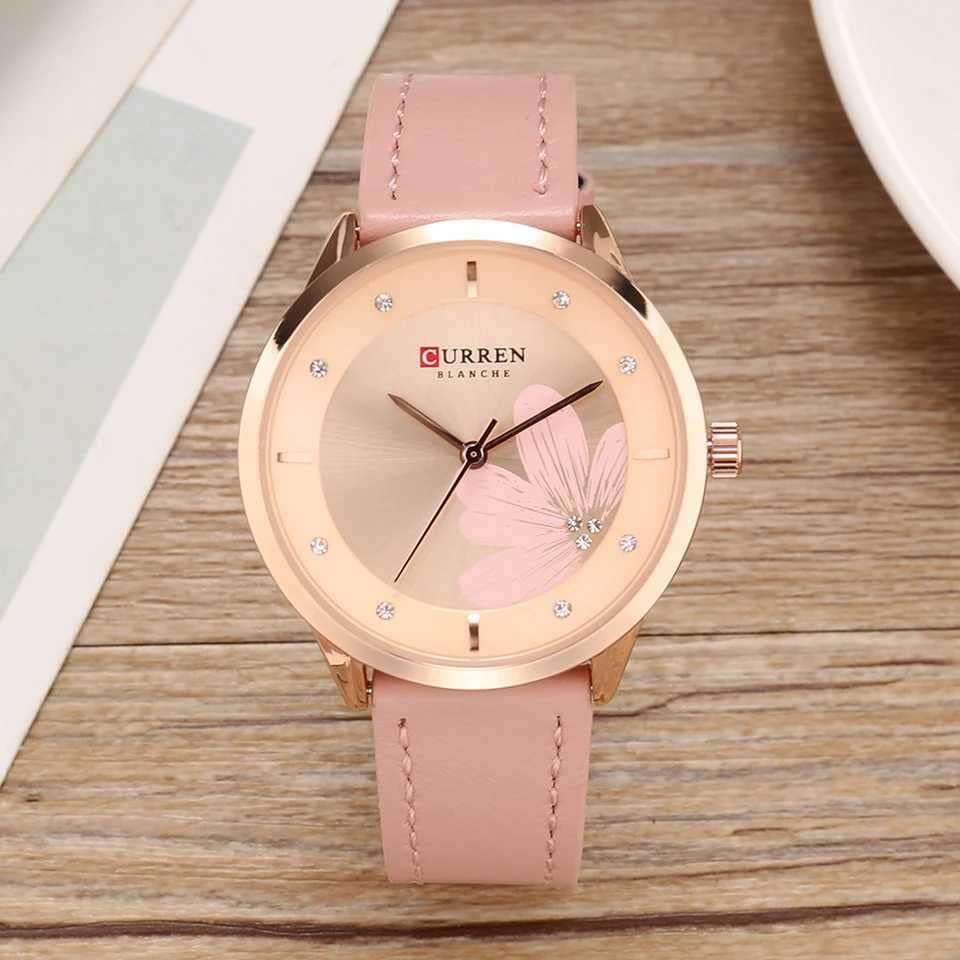 CURREN 9048 Top Brand Women Watch Quartz Watch Flower Pattern Dial Leather Strap Fashion Ladies Wristwatch - Pink