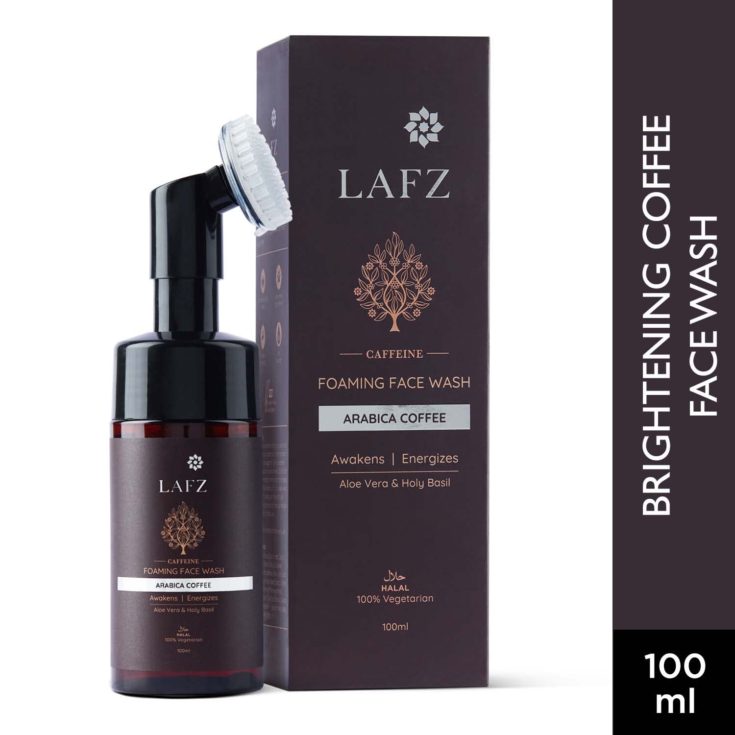 Lafz Caffeine Foaming Brightening Face wash, with Built-in Face Brush Enriched with Arabica Coffee Cleanser, Halal & Vegan for Men and Women - 100 ml