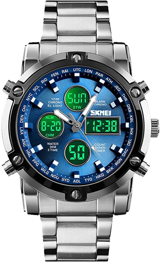 SKMEI Mens Wrist Watch,Stainless Steel Analog Digital Sport Wrist Watch for Men Blue, Blue, Digital