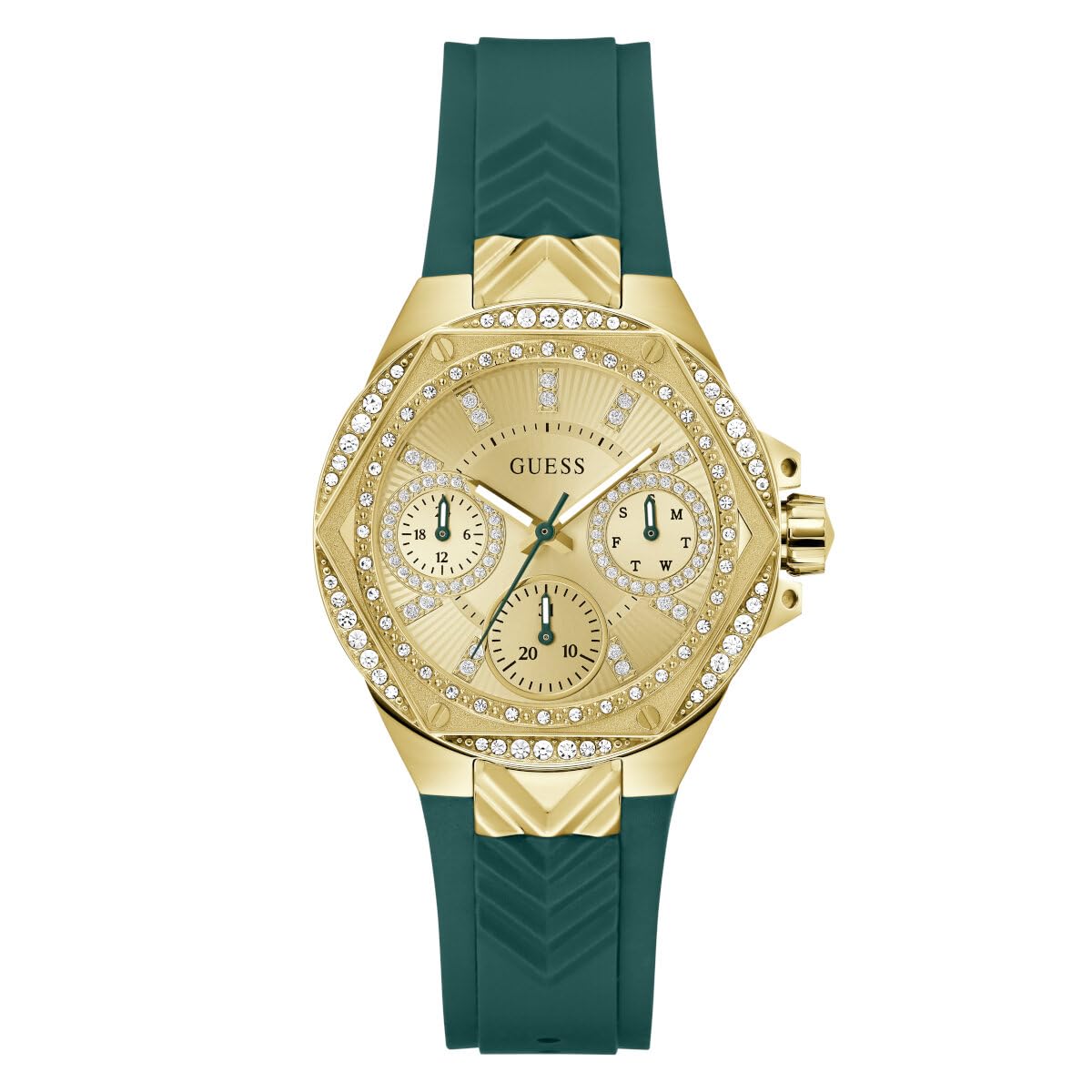 GUESS P GLD CS W/CRYS/SUN CHAMP MF DL/GREEN TEXTURED SILICONE STRP