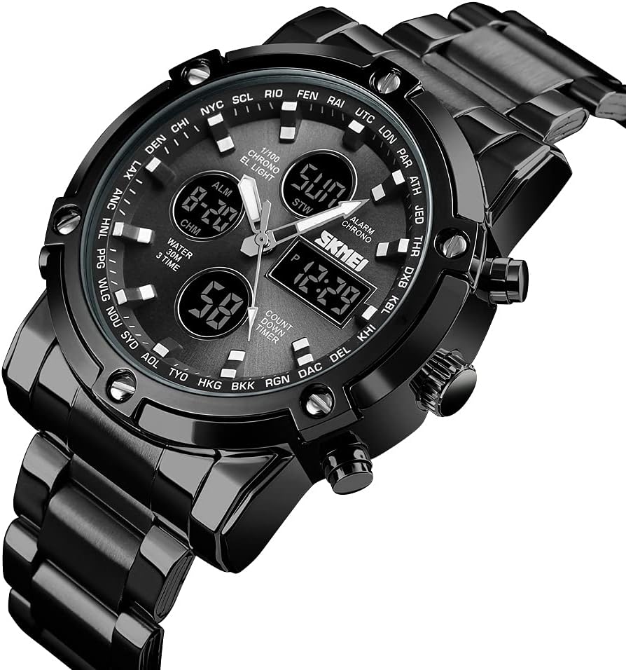 SKMEI Mens Wrist Watch,Stainless Steel Analog Digital Sport Wrist Watch for Men, Black, Digital