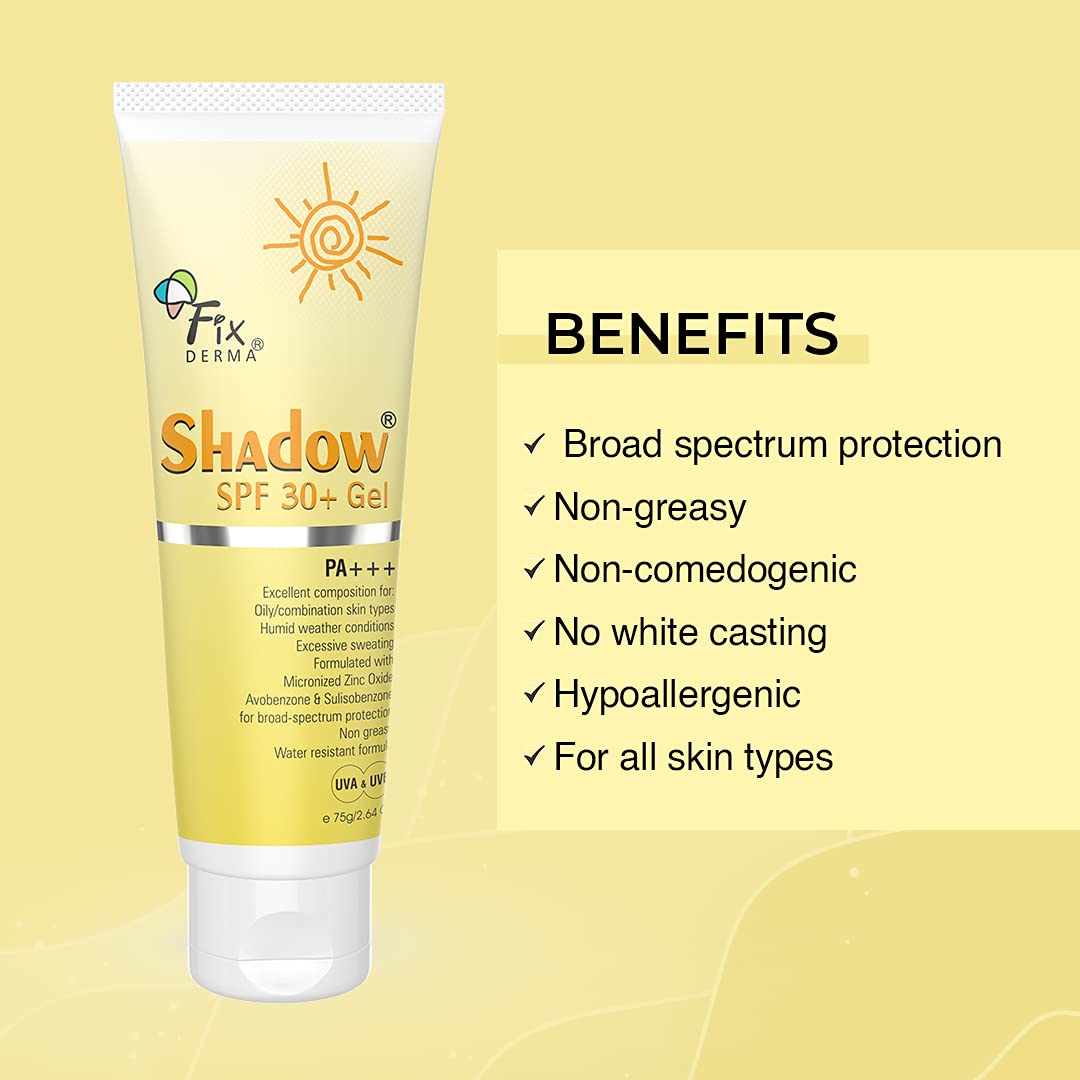 Fixderma Shadow Sunscreen SPF 30+ Gel PA+++ | for Oily Skin SPF 30 | Sunscreen for Body & Face | Broad Spectrum Sunscreen for UVA & UVB Protection - Women & Men | Non Greasy & Water Resistant - 75gm