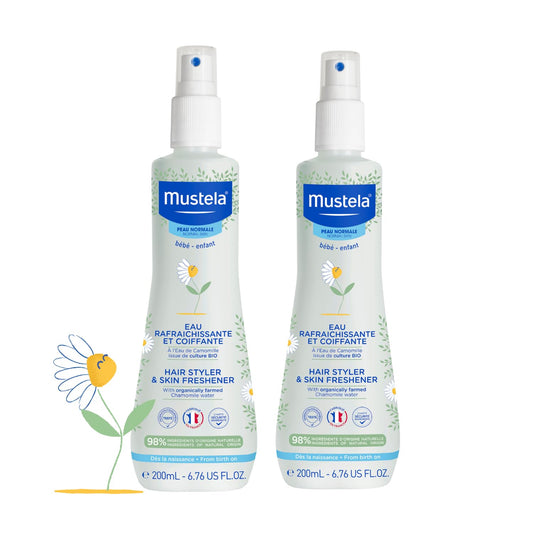 Mustela Baby Hair Styler & Skin Freshener - with Natural Avocado & Chamomile Water, Vegan & Hypoallergenic for Hair and Body - 200ml + 200ml (Pack of 2)