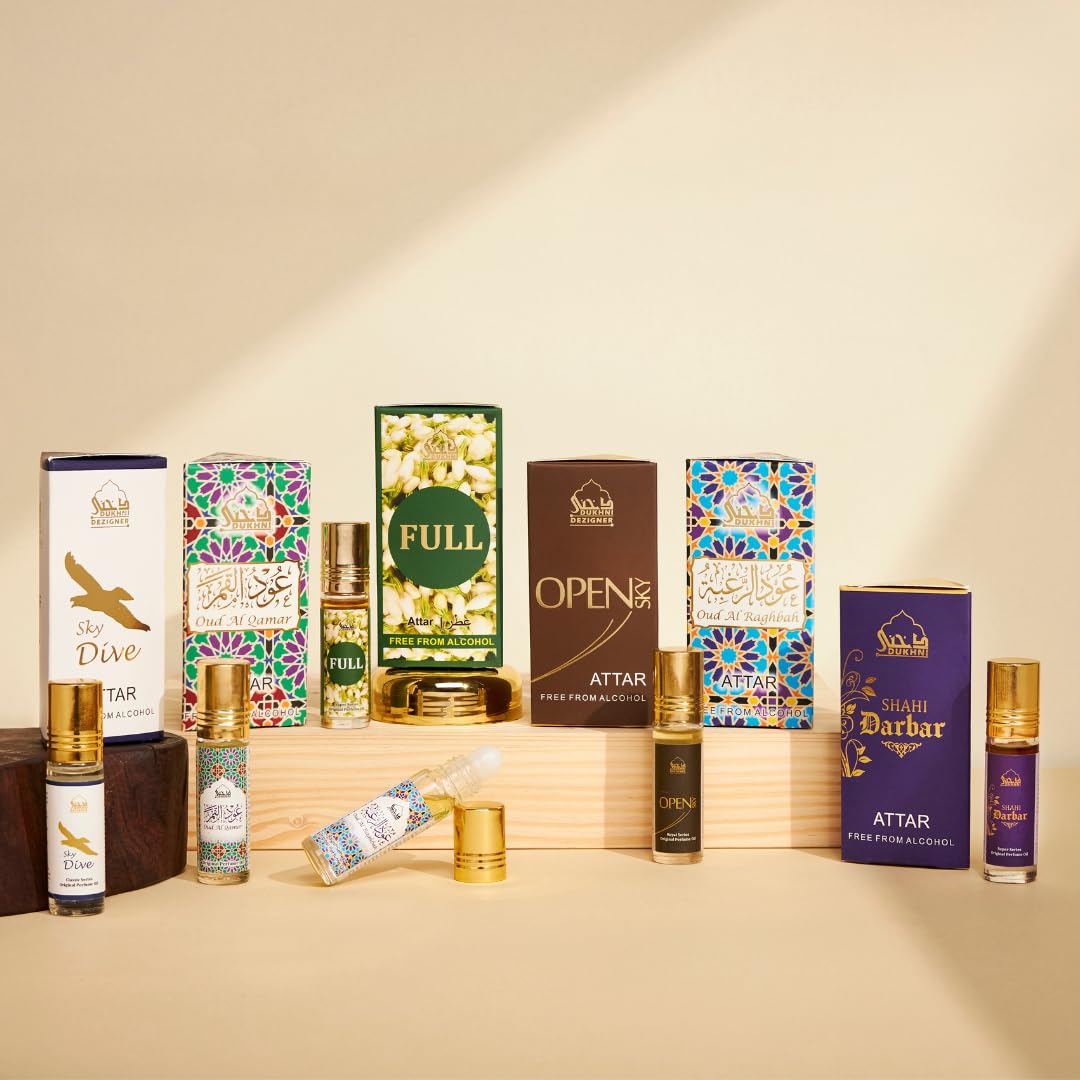 Dukhni Mixed Attar Oil Set | Authentic Arabic Fragrance Oils| Long- lasting Halal Scents for Ramadan & Eid Gifts | Open Sky, Attar Ful, SkyDive, Shahi Darbar, Oud Al Qamar, Oud Al Raghbah - 6ml each