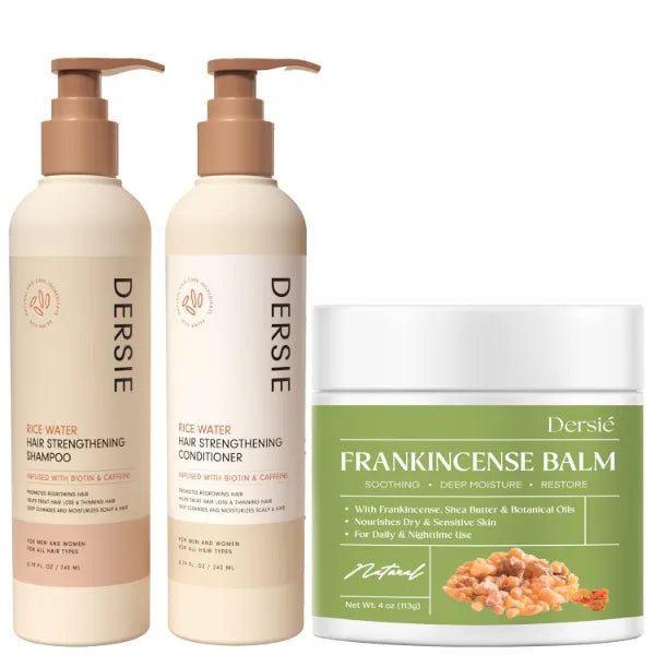 Dersie Hair & Body Care Bundle: Rice Water Hair Growth Shampoo & Conditioner + Frankincense Balm