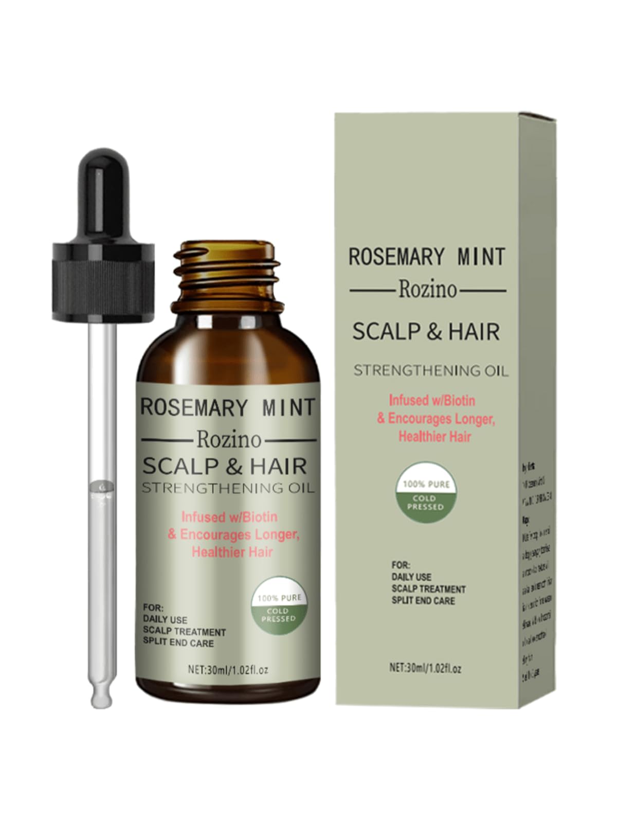 Rozino Rosemary Mint Scalp & Hair Strengthening Essential Organic Oil (30ml) infused with Biotin, nourishes Longer & Healthier Hair for Hair growth, Daily use, Scalpcare, Split end care