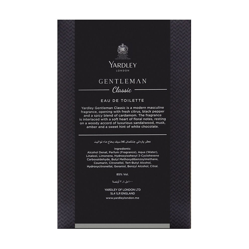 Yardley Gentleman Classic Luxury Fragrance Eau De Parfum, Citrus, Black Pepper And Spicy Blend Of Cardamom, 100Ml