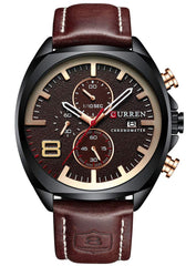 Herren-Armbanduhr mit Lederarmband, klassisch, lssig, Edelstahl, wasserdicht, Chronograph, Datum, analog, Quarzuhr - Black/gold