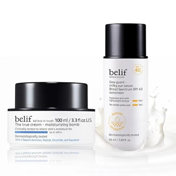 belif Ceramide & Sun Serum Duo Moisturizing Bomb 100ml + Milky Sun Serum SPF 40 48hr Hydration, Barrier Repair, Lightweight UV Defense, Korean Skincare Set