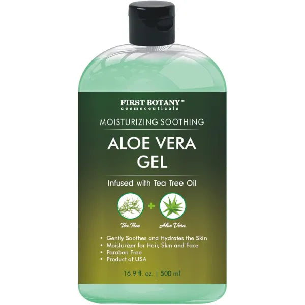 First Botany, Aloe Vera Gel from 100 Percent Pure Aloe Infused with Tea Tree Oil - Natural Raw Moisturizer for Hand Sanitizing Gel, Skin Care, Hair Care, Sunburn, Acne & Eczema -16.9 fl oz | 500 ml