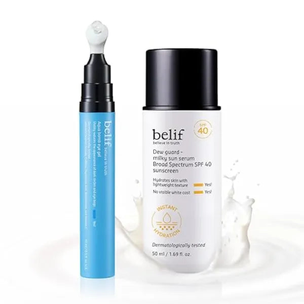 belif Eye & Sun Serum Duo  Aqua Bomb Cooling Eye Gel + Milky Niacinamide Sun Serum SPF 40 De Puffing, Hydrating & Sun Protection, Korean Skin Care Set